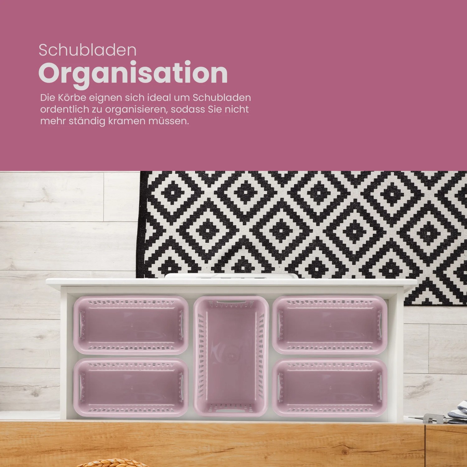 ProHome Aufbewahrungskörbe, 2L, Rosa, 4er-Set im Schubladensystem für Badaccessoires.