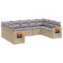 Beige 9-tlg. Garten-Sofagarnitur aus Polyrattan mit hellgrauen Kissen.