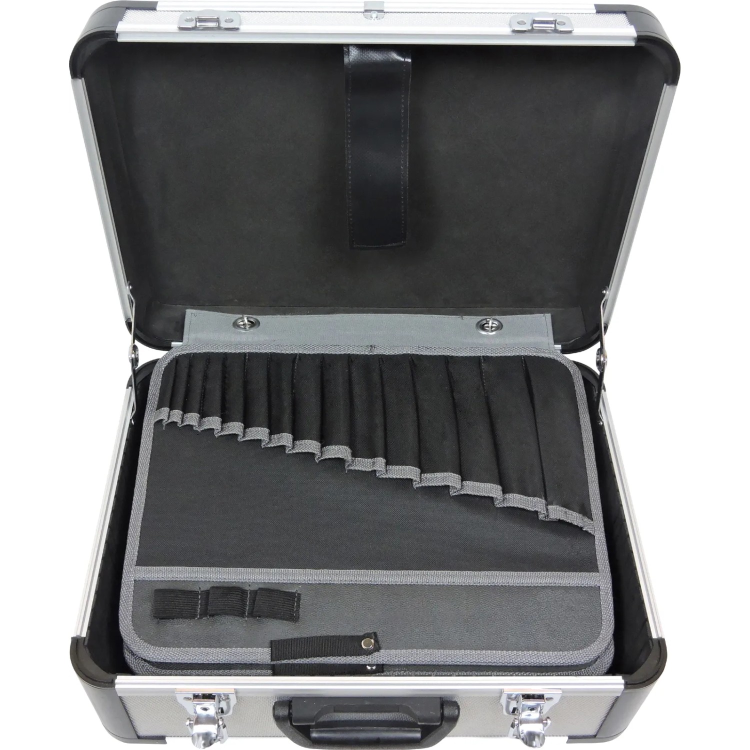 Offener Famex Alu Werkzeugkoffer 700-L mit Werkzeugpaletten und Einstecktaschen.