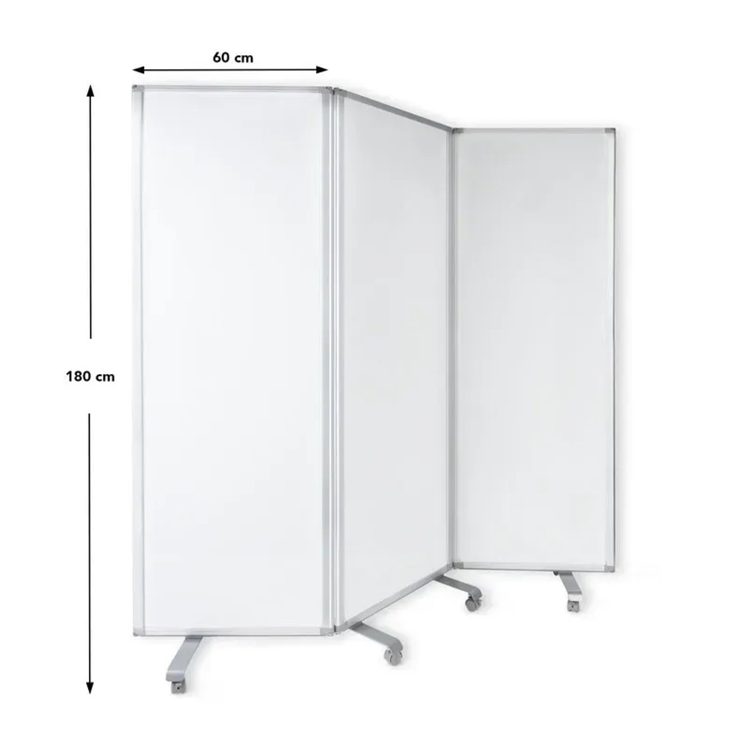 Dreiteilige, magnetische KARAT Mobile Trennwand (Whiteboard) mit Rollen, 180x180 cm.