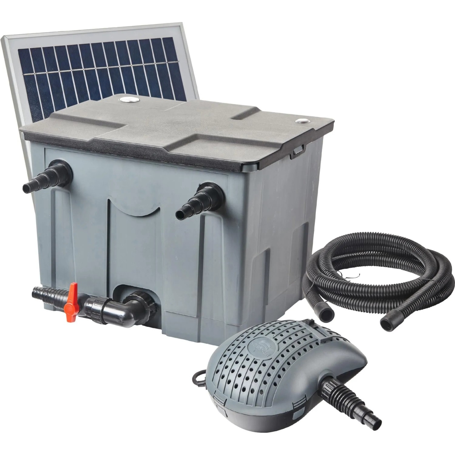 Heissner Solar Durchlauffilter Set mit Pumpe, Solarmodul und Schlauch für Teiche bis 8m³.