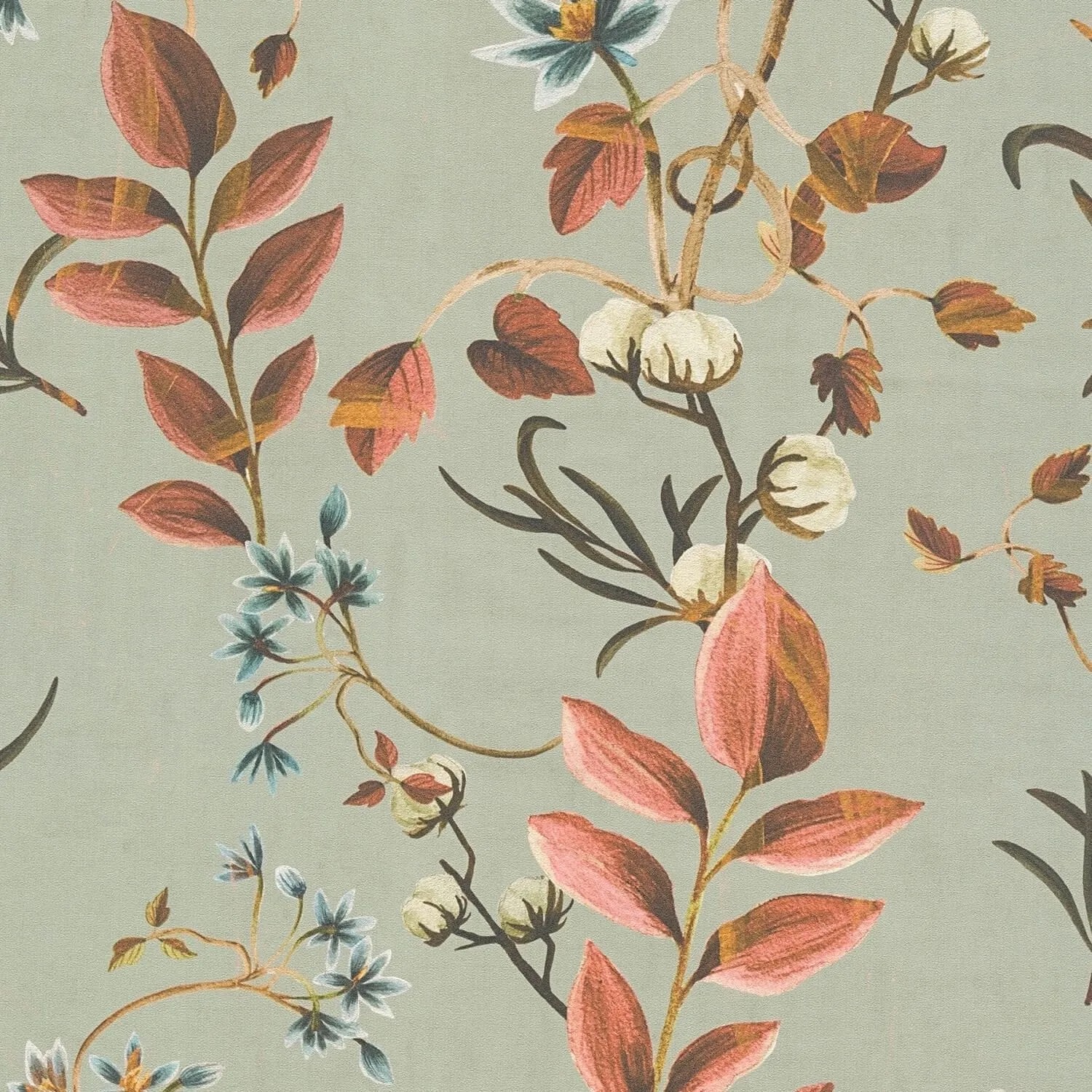 Image of PROFHOME 782122-GU Blumen Tapete Floral Matt Oliv Grau Blau Rot-Braun 0,53 m x 10,05 m 5,33 m2