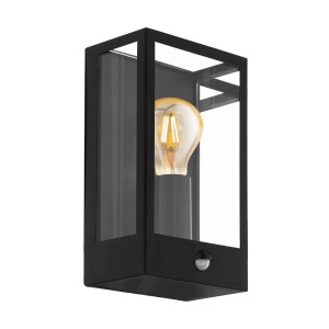 Schwarze Eglo Alamonte Außenwandleuchte mit Bewegungssensor und klaren Glasscheiben.