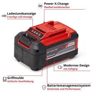 Einhell Power X-Change Akku 18 V 5,2 Ah Plus: Roter und schwarzer Akku mit Ladestandsanzeige.