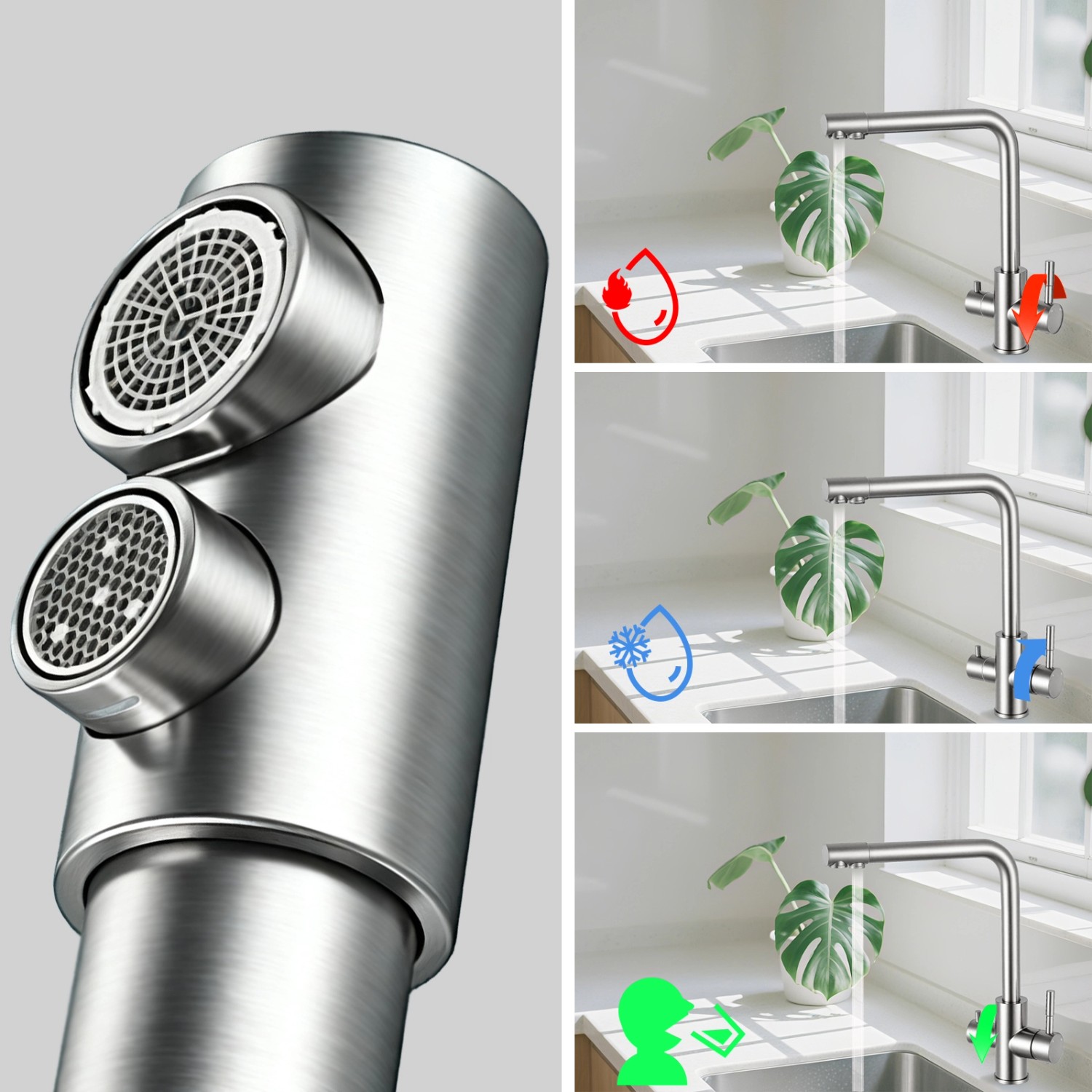 AICA Wasserhahn Silber Küche Spültischarmatur 3-Wege mit Trinkwasserfilter 2-Hebel Design für Doppelspülen 360° Schwenkbar_10