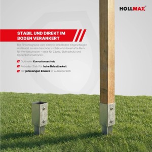 HOLLMAX Einschlaghülse für Vierkantpfosten im Gras. Robuster Pfostenträger aus Metall, einer mit Holzpfosten verankert.