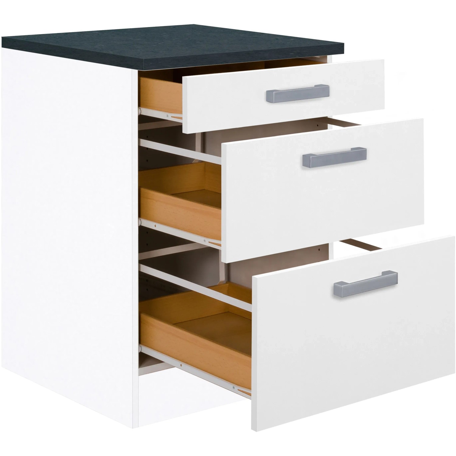 Optifit Unterschrank Salo214, 60 cm, mit 3 Auszügen, weiß und anthrazitfarbener Arbeitsplatte.