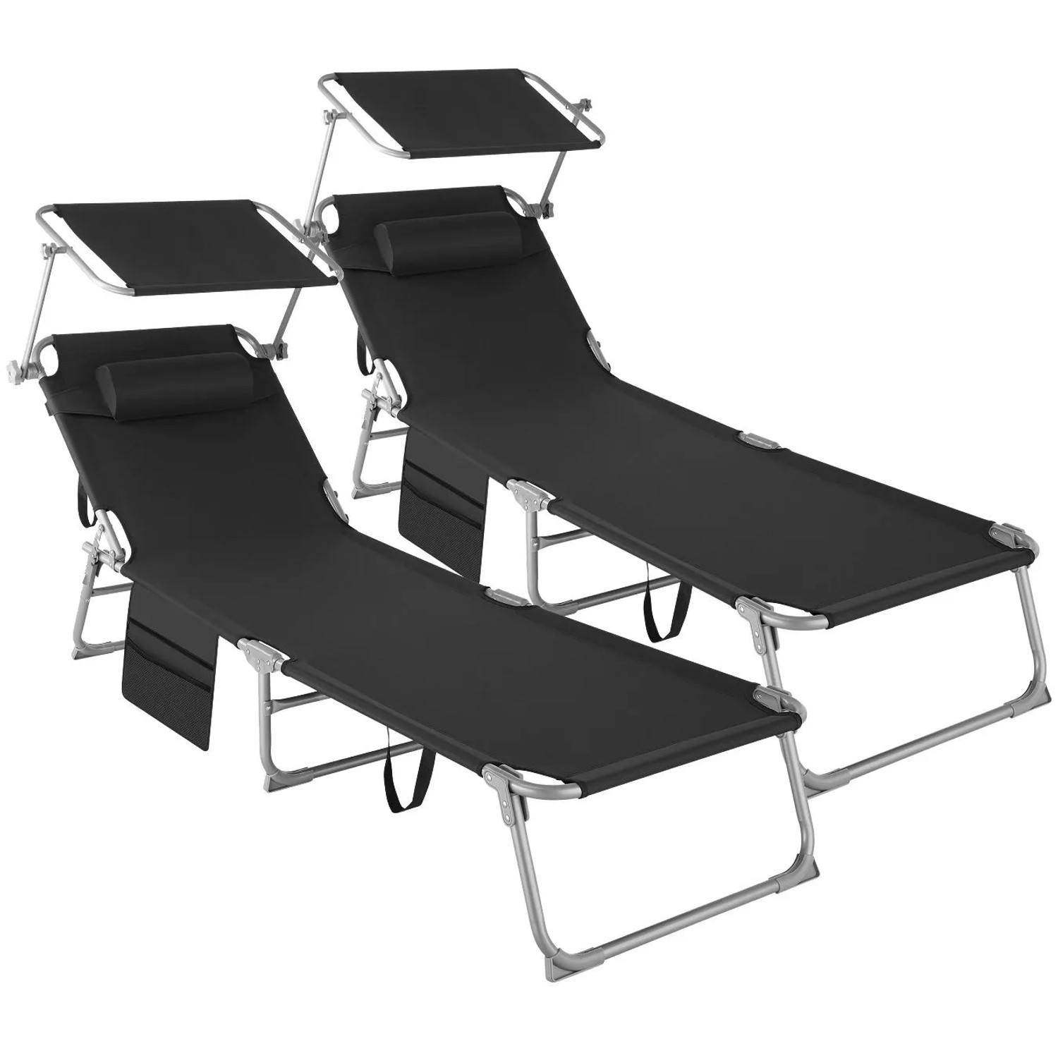 Tectake 2Er Set Sonnenliege Chloé Klappbar  Stufenlos Verstellbares Sonnendach  161 x 68 x 111 cm Schwarz