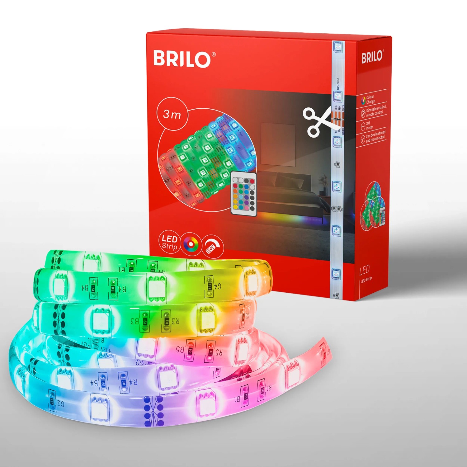 Briloner LED-Streifen Flexband 3 m, mehrfarbig, selbstklebend. Inkl. Fernbedienung und Zubehör.
