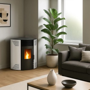 Weißer Sannover Eck-Pelletofen Iseos 12,2 kW mit sichtbarer Flamme im modernen Wohnzimmer.