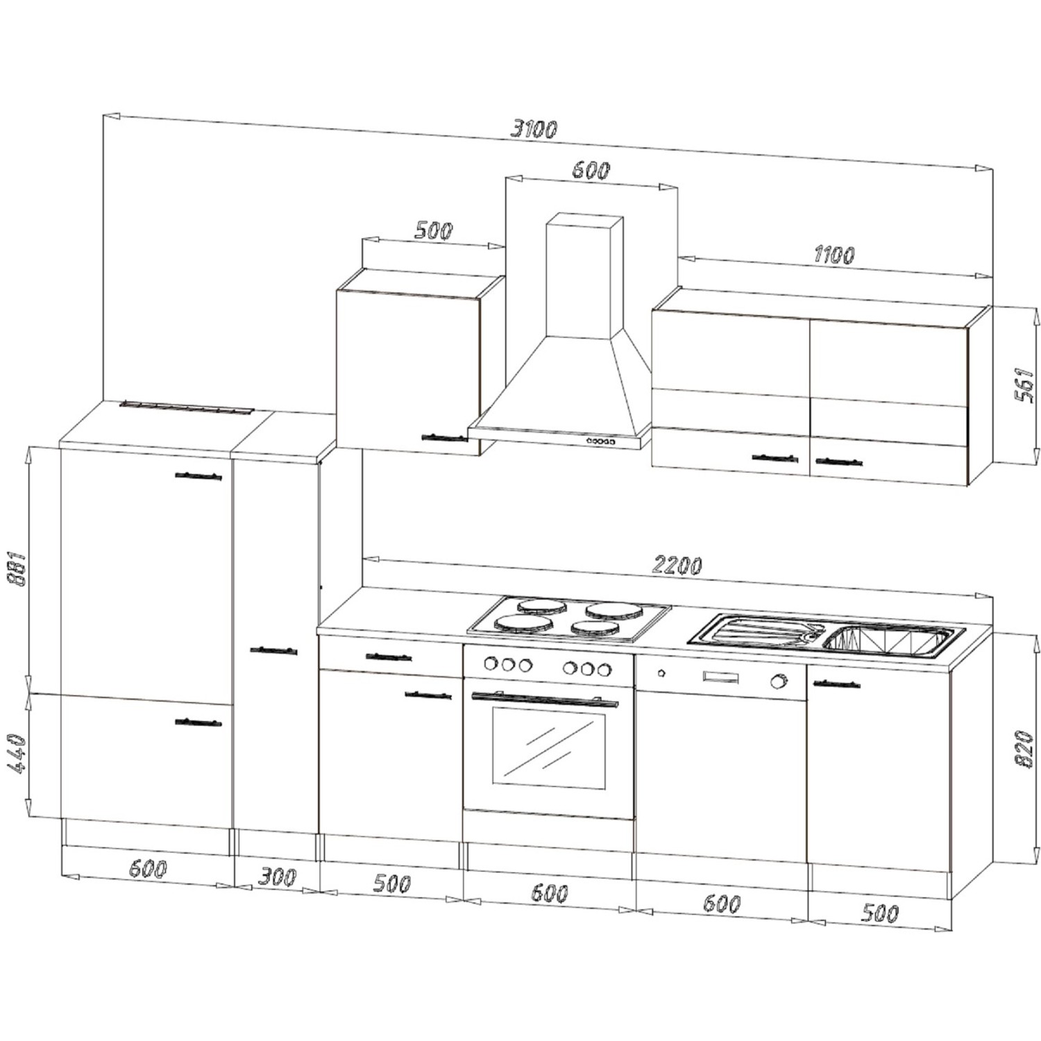 Skizze der Respekta Economy Küchenzeile KB310ESSSC, 310 cm, in Schwarz-Eiche Sägerau mit Maßen.