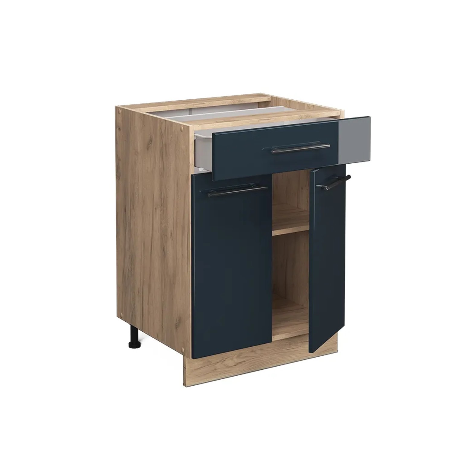 Küchenunterschrank Fame-Line in Dunkelblau Hochglanz/Goldkraft Eiche mit Schublade und anthrazitfarbener Arbeitsplatte.