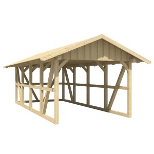 Skan Holz Carport Schwarzwald mit Dachschalung und Rückwand aus naturbelassenem Holz.