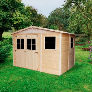 Timbela Gartenhaus M334+M334G aus Holz mit Fenstern und Boden im Garten.