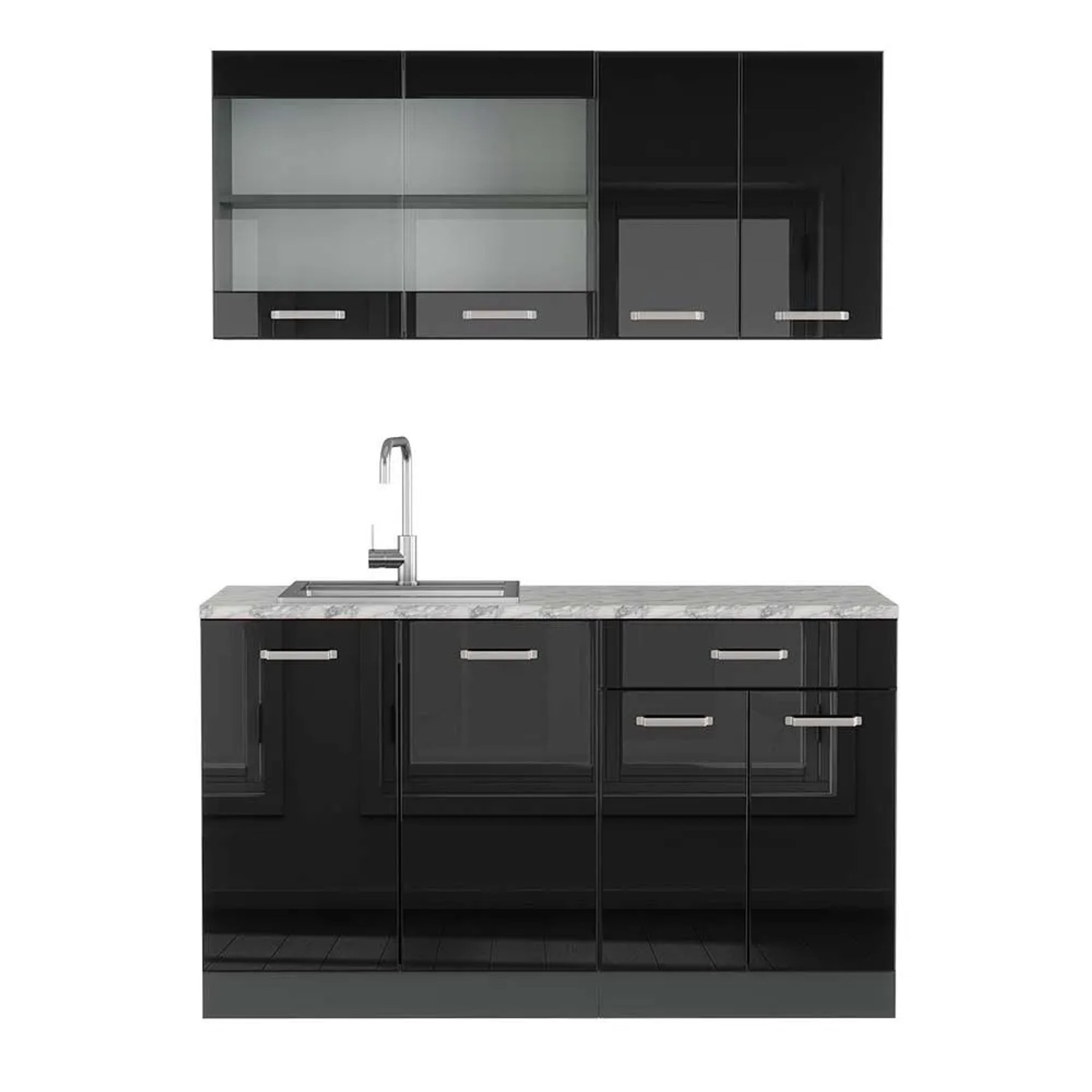 Vicco R-Line Singleküche Schwarz Hochglanz Anthrazit 140 cm AP Marmor ohne E-Geräte