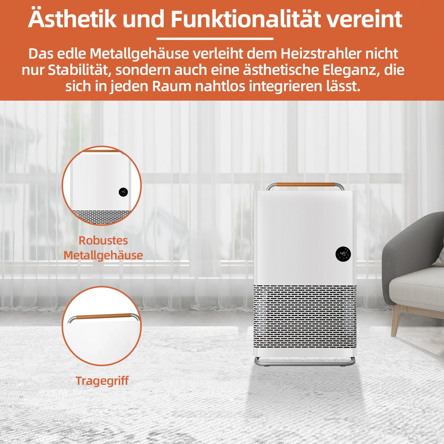Weißer Kompakt-Konvektor 2200W WiFi mit Metallgehäuse und Tragegriff vor Fenster.