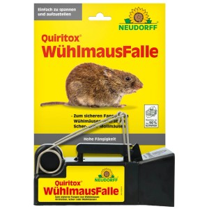 Neudorff Sugan Wühlmausfalle, schwarz mit Metallbügel, auf gelber Verpackung mit Wühlmausbild. Effektives Fangen.