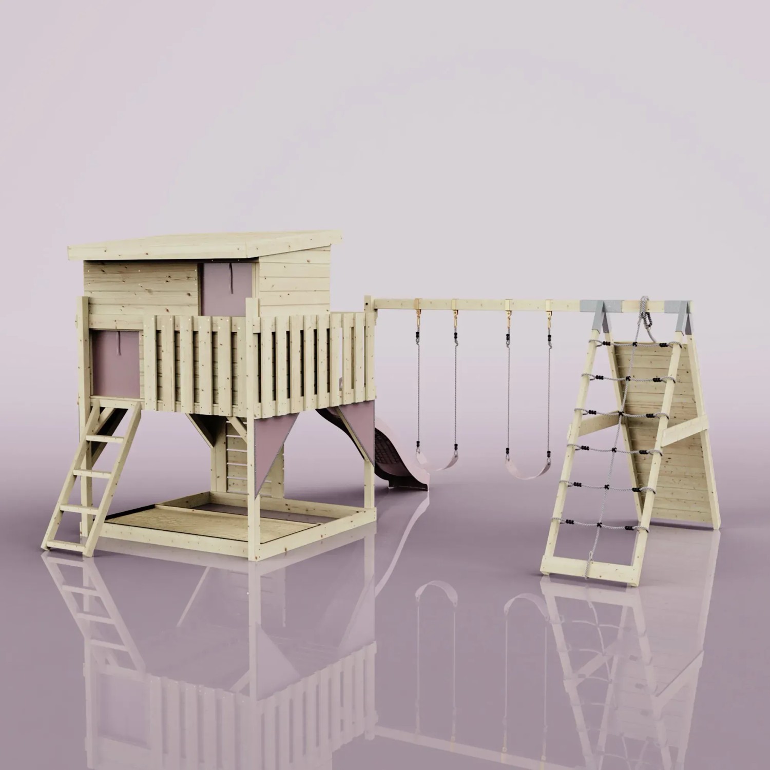 PolarPlay Spielturm Aksel altrosa mit Schaukel, Rutsche und Kletterwand.