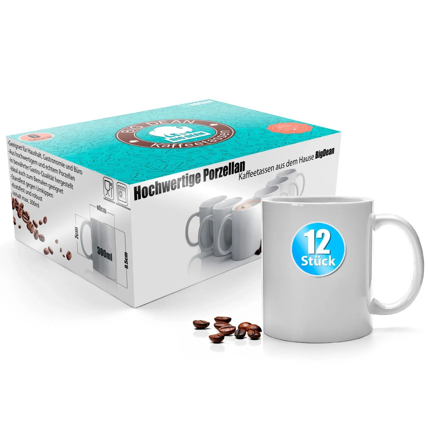 BigDean 12 Stück Kaffeebecher Weiß 300ml Tassen Set Kaffeetassen Set Aus Hochwertigem Porzellan In Geschenkverpackung Tassen Zum Bemalen