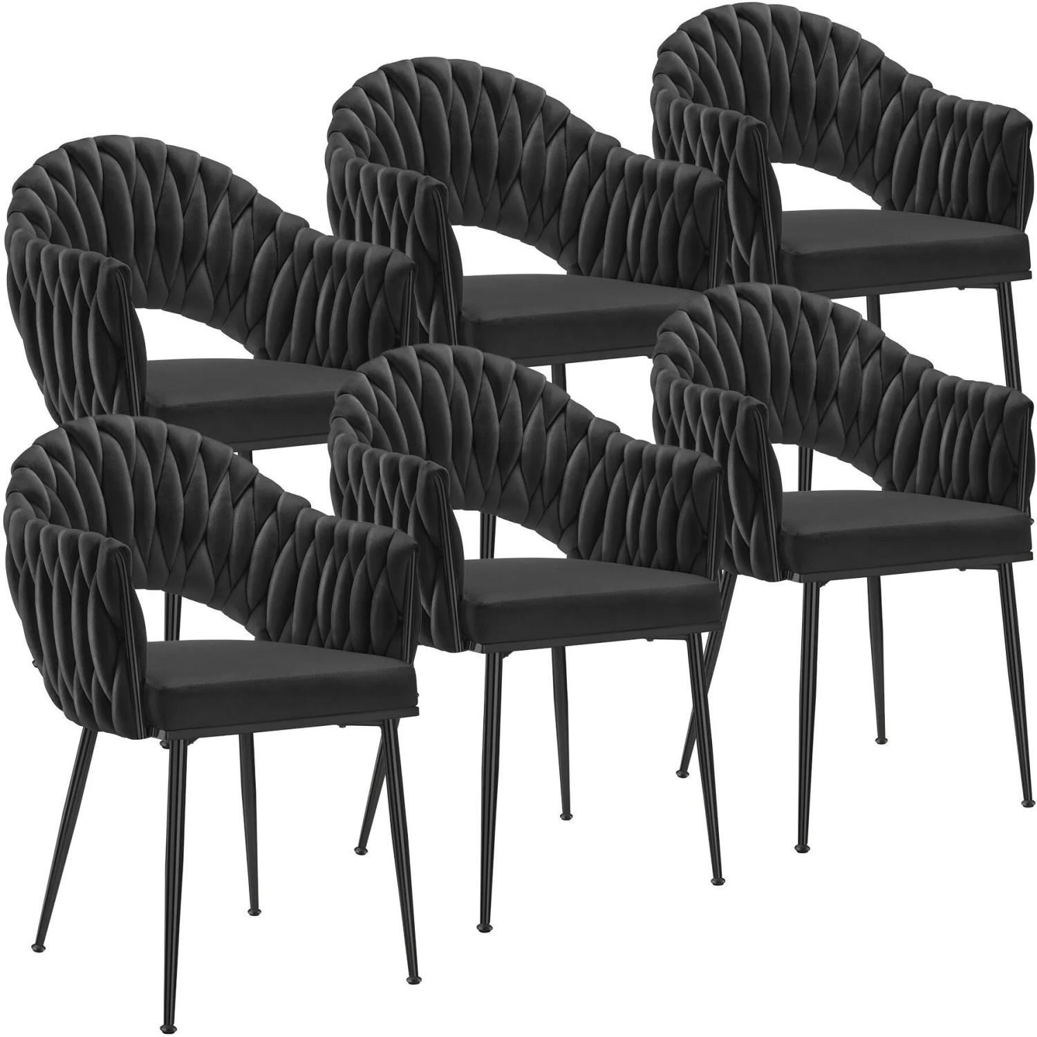 Tectake Esszimmerstuhl Caslano Gepolstert  Mit Samtbezug Durchgehende Lehne Im Flechtdesign 6Er Set 57 x 55 x 84 cm Schwarz Schwarz