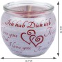 Duftkerze im Glas mit roter "Ich liebe Dich" Beschriftung und Herzmotiven. Romantische Kerze als Geschenkidee.