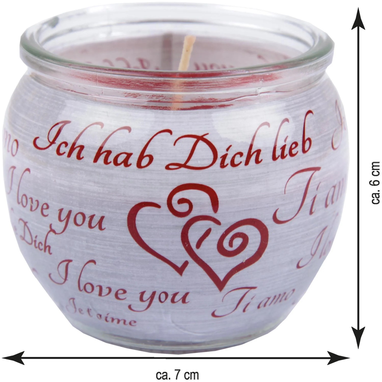 Duftkerze im Glas mit roter "Ich liebe Dich" Beschriftung und Herzmotiven. Romantische Kerze als Geschenkidee.