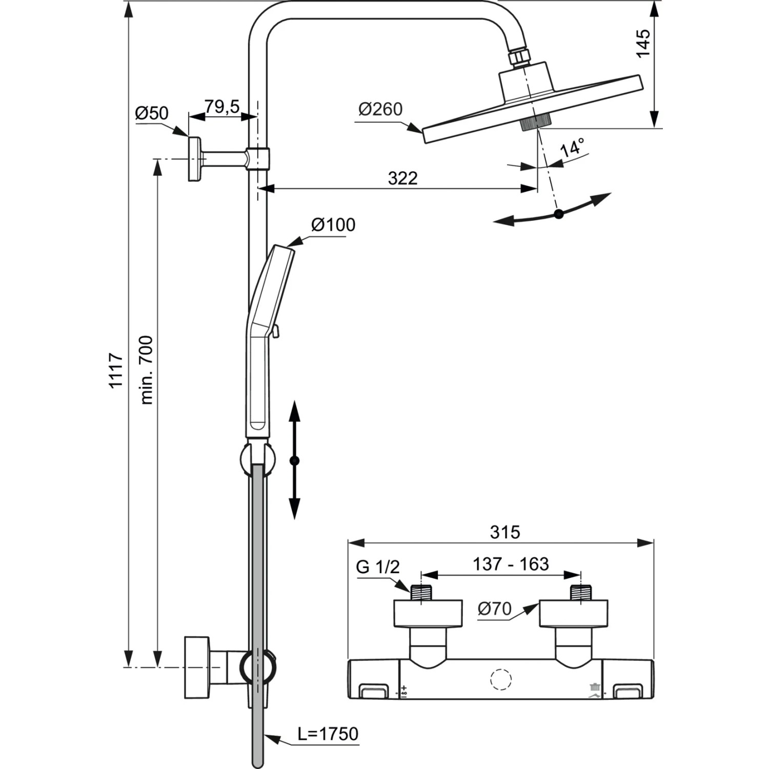 Technische Zeichnung der Ideal Standard Brausegarnitur A7212XG Ceratherm T25+ in Schwarz Matt mit Maßen.