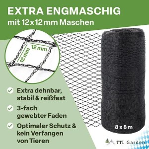 Anthrazitfarbenes Teichschutznetz 8x8m (64m²) mit 12x12mm Maschenweite als Laub- und Vogelschutz.