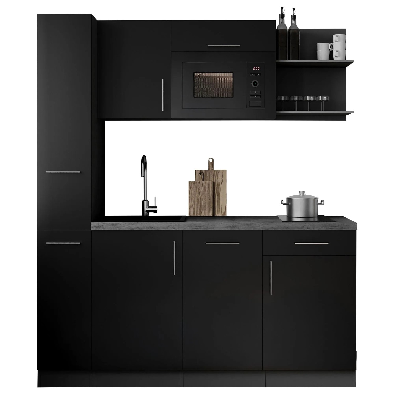 Respekta Singleküche Oliver 175 cm H 205 cm Schwarz Seidenglanz mit Mikrowelle