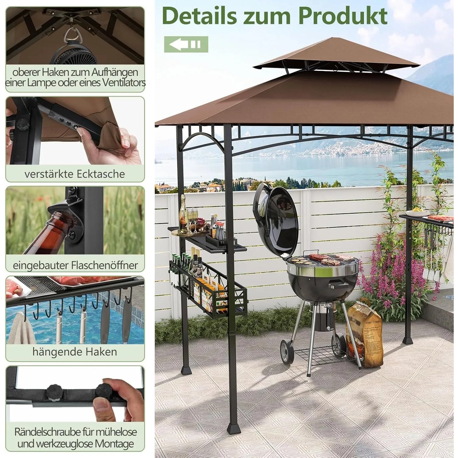 Costway Grillpavillon braun mit Doppeldach, Seitenregalen und Flaschenöffner für komfortables Grillen.
