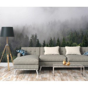 Fototapete Waldlandschaft in Grün und Grau (3,50x2,55m) im Wohnzimmer.