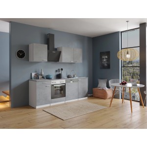 Respekta Küchenblock Malia 220 cm in Betonoptik mit E-Geräten und Edelstahlspüle.