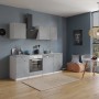 Respekta Küchenblock Malia 220 cm in Betonoptik mit E-Geräten und Edelstahlspüle.