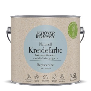 Schöner Wohnen Naturell Kreidefarbe Bergseeruhe 2,5l im Farbeimer. Pudermatte, helle Wandfarbe.