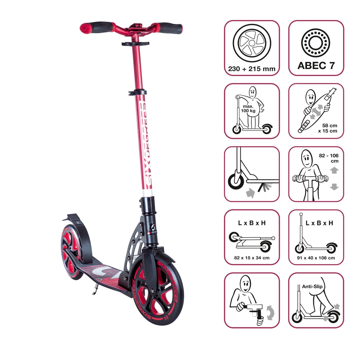 Six Degrees Aluminium Scooter, rot, mit Klappmechanismus und Ständer. Höhenverstellbarer Tretroller für Sport & Freizeit.