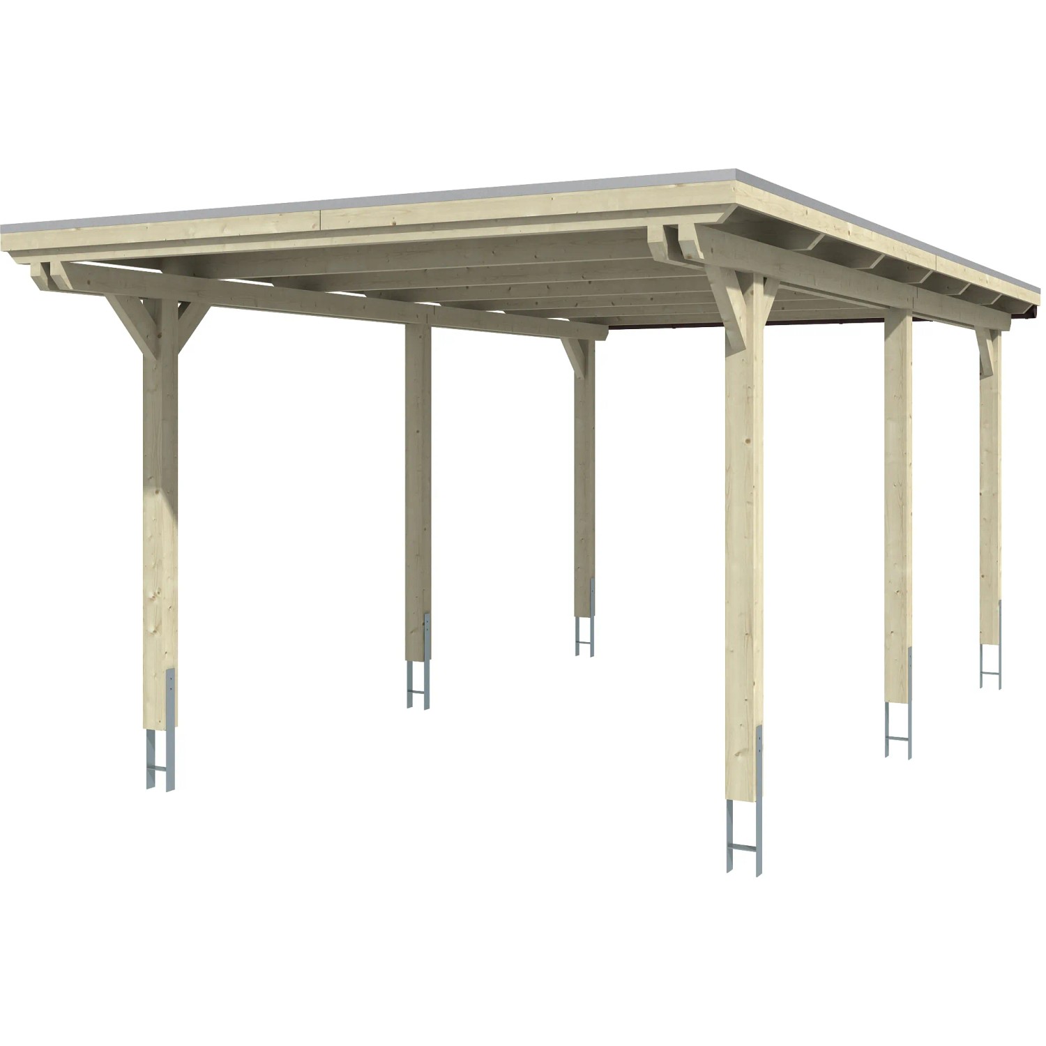 Weißer Skan Holz Carport Emsland (354x604cm) mit Flachdach und sechs Pfosten.