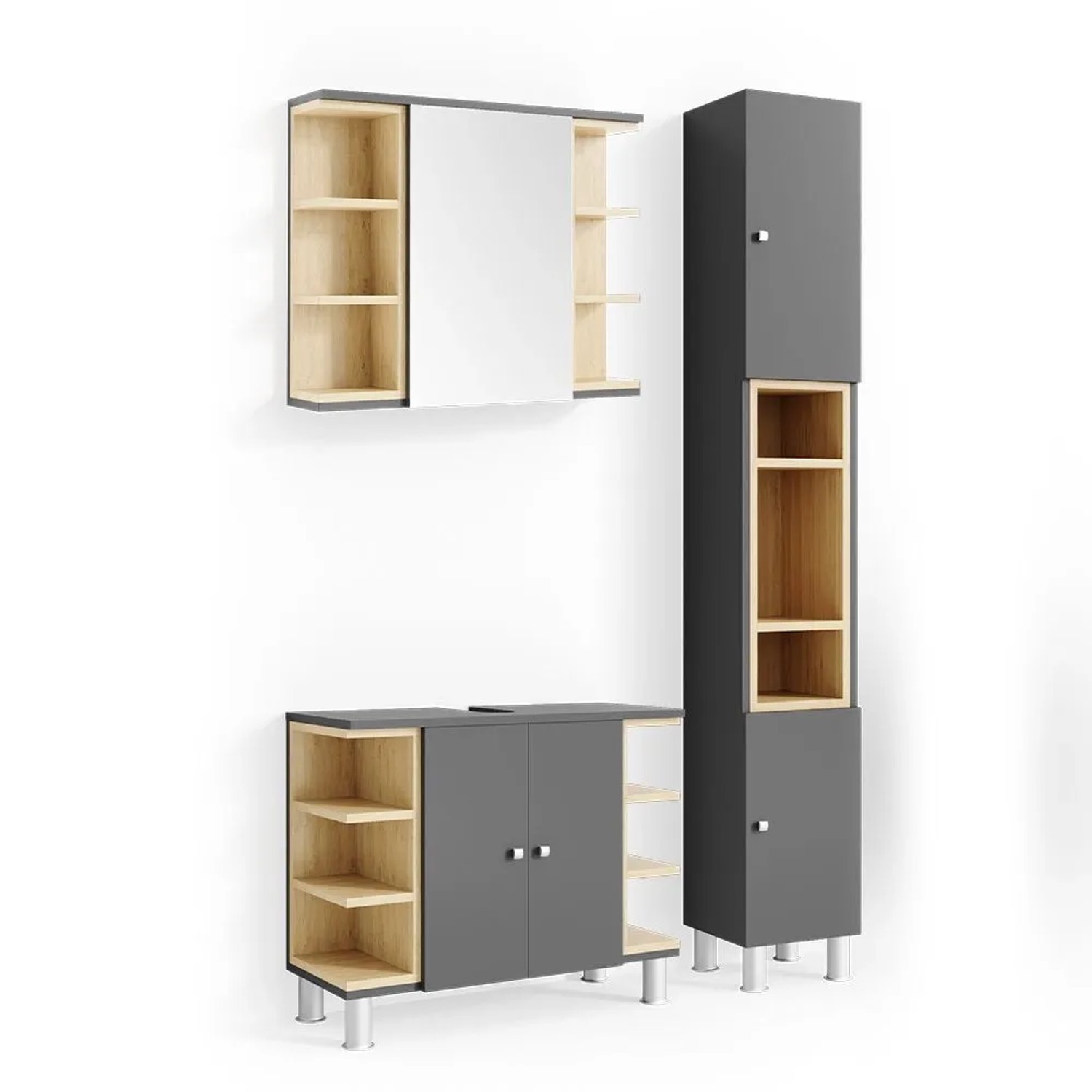Vicco Badmöbel-Set Aquis Anthrazit 80 x 64 3-teilig