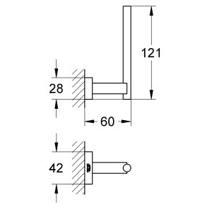 Technische Zeichnung: Grohe Essentials Cube Reservepapierhalter mit Maßangaben.