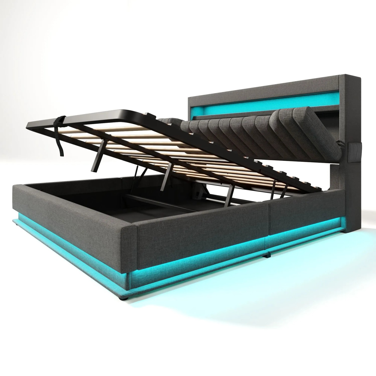 Merax Polsterbett 140x190cm LED USB-C Hydraulik Grau