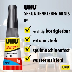 Uhu Sekundenkleber Mini Gel, 3 Tuben à 1g. Starker Kleber für viele Materialien, kurz korrigierbar.