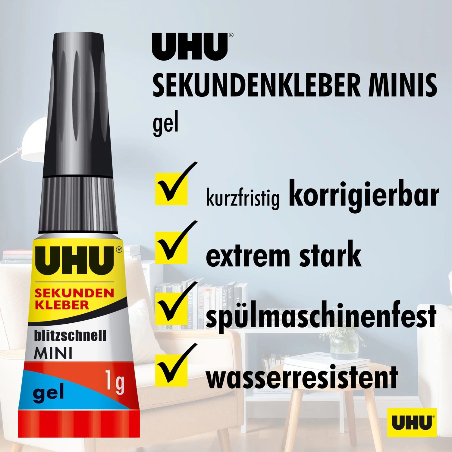 Uhu Sekundenkleber Mini Gel, 3 Tuben à 1g. Starker Kleber für viele Materialien, kurz korrigierbar.
