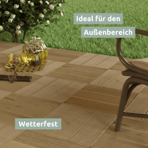 DELUKE Holzfliese Lärchenholz 43x43cm Fliese Geriffelt Terrassenfliese Holz Quadratisch Terrassendiele mit Unterkonstruktion Balkon Bodenfliese