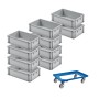 Sparset: 10 graue Eurobehälter (30L) mit geschlossenem Griff und 1 blauer Transportroller.