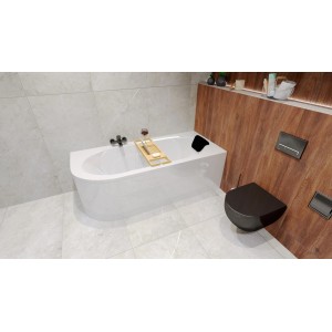 Eckbadewanne AVITA 170x75 cm mit Schürze, Bambusablage und Kopfstütze im Badezimmer.