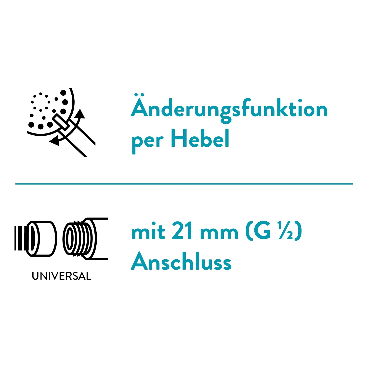 Handbrause: Strahlarten-Änderung per Hebel & 21 mm (G 1/2) Universal-Anschluss.