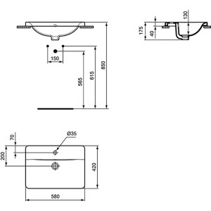 Technische Zeichnung: Ideal Standard Connect Einbauwaschtisch, 58x42 cm, 1 Hahnloch, Überlauf, Abmessungen.