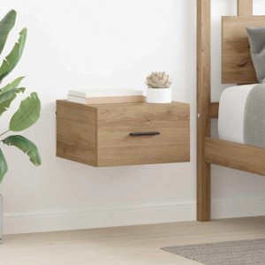 Wandmontierter Nachttisch Artisan-Eiche mit Schublade und schwarzem Griff im Schlafzimmer. Holzwerkstoff, platzsparend.