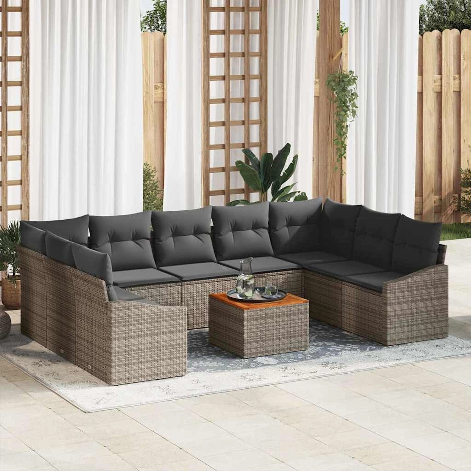Graues 10-tlg. vidaXL Garten-Sofa-Set aus Poly Rattan mit Kissen und Tisch.