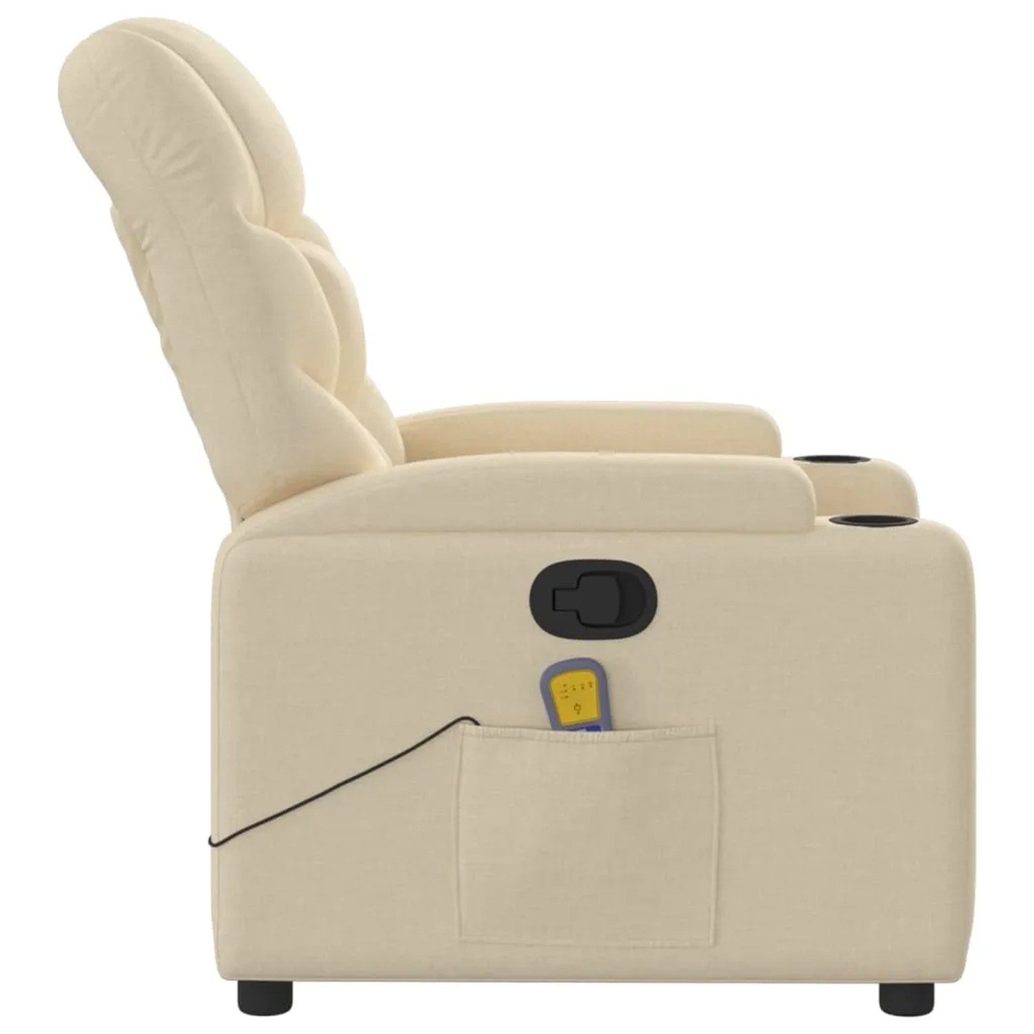Cremefarbener Massagesessel mit Getränkehalter und Fernbedienung in Seitentasche.