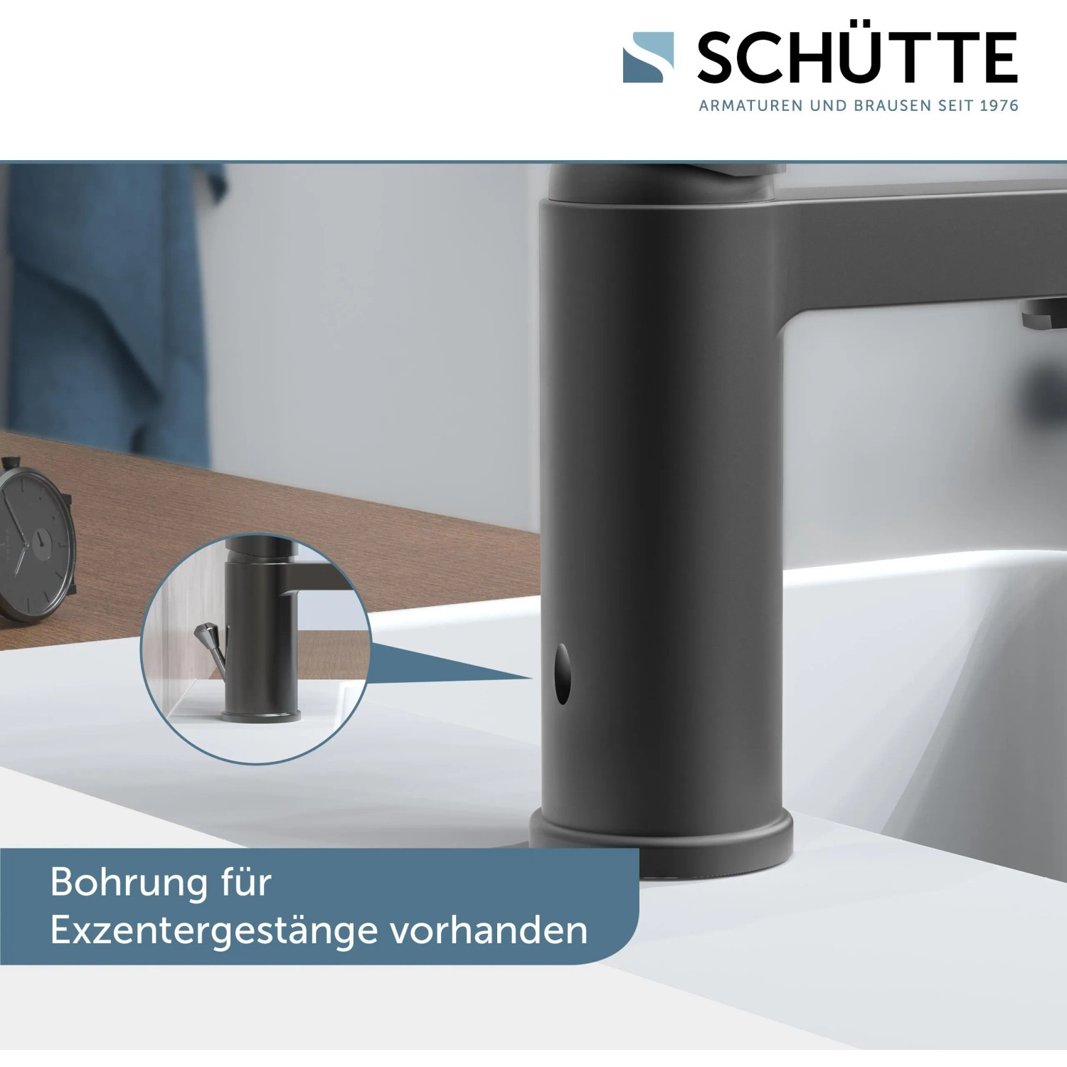 Schütte Waschtischarmatur Elephant, Graphit matt, Detailaufnahme der Montage am Waschbecken.